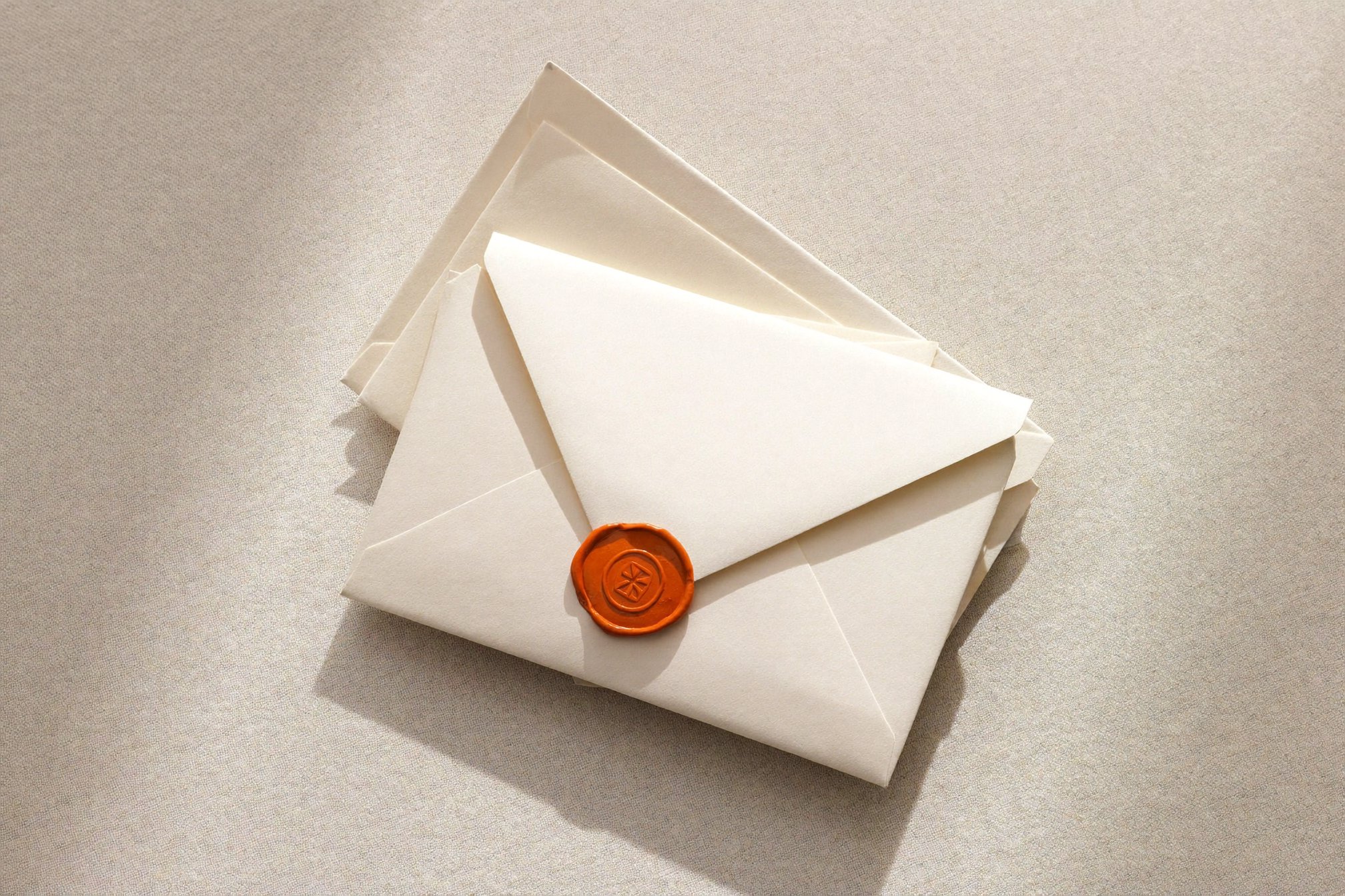Anthracite laptop met inbox en cream envelopen — editorial flat-lay